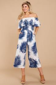 White And Blue Print Jumpsuit Palm Print Jumpsuit Jumpsuit 52 Red Dress Boutique Stylish Jumpsuit Red Dress Boutique Printed Jumpsuit