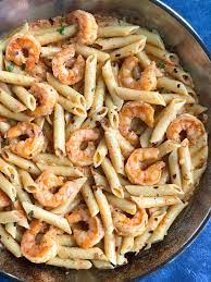 Colorful seafood pasta salad with pasta, celery, imitation crabmeat, green peas, mayonnaise, splenda no calorie sweetener, white vinegar, milk, salt, ground black pepper. Creamy Shrimp Penne Pasta With Red Pepper Sauce Cookin With Mima