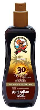 Australian gold instant bronzer spray gel sunscreen spf 30 is an innovative hybrid of a continuous spray and lotion that provides a temporary glow! Australian Gold Spray Gel With Bronzer Spf30 237 Ml