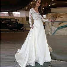 Wedding dresses with lace and beaded materials. 2021 Long Sleeve Wedding Dress V Neck A Line Appliques Lace Top Satin Skirt Wedding Gown With Pocket Custom Made Bride Dress Wedding Dresses Aliexpress