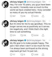 Model chrissy teigen has gone on a major twitter offensive, accusing sick psychopaths of inundating her with unfounded accusations she flew on jeffrey epstein's private plane or was involved. Chrissy Teigen Deletes Twitter Account Because Of Negativity Says I Am Deeply Bruised English Movie News Times Of India