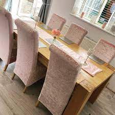Dusky Pink Crushed Velvet Back In Stock By Popular Demand Available In Medium Large And Xl Dining Chair Covers Dining Chairs Chair Covers