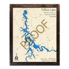 Tellico Lake Tn 3d Wood Map Laser Etched Wood Charts