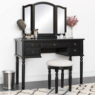 Bobkona St Croix 3 Fold Mirror Vanity Table With Stool Set In Cherry Walmart Com Mirrored Vanity Table Dressing Table Set Vanity Mirror