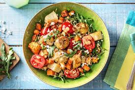 Loaded Quinoa Bowls With Barbecue Sweet Potatoes Artichokes Feta Cheese And Croutons Sweet Potato Recipes Hello Fresh Recipes Hello Fresh