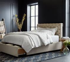 Diy headboard bench made from a headboard and footboard. Chesterfield Tufted Upholstered Footboard Storage Platform Bed Pottery Barn