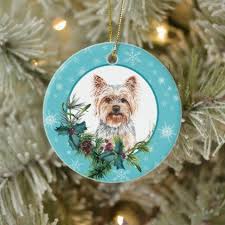 Yorkshire Terrier Evergreen Blue Snowflake Border Ceramic Ornament Zazzle Com In 2020 Ceramic Ornaments Blue Snowflakes Yorkshire Terrier