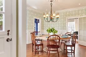 This dining room is a dream come true with sage green wallpaper, a wood table, velvet slipper chairs and a geometric area rug. 75 Beautiful Wainscoting Dining Room With Green Walls Pictures Ideas April 2021 Houzz