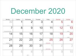December 2020 Calendar With Holidays