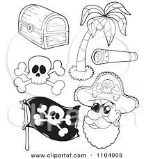 Plus, it's an easy way to celebrate each season or special holidays. Clipart Outlined Treasure Chest Palm Tree Spyglass Skul And Crossbones Flag And Pirate Royalty Free Vector Illustration By Visekart 1104908