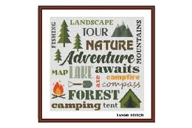 Stitches = 160w x 200h colours = 63 dmc colours finished size = 11.5 x 14.5 using 14count or 9 x 11.5 using 18count. Camping Lettering Cross Stitch Pattern Graphic By Tango Stitch Creative Fabrica