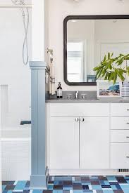 Here are the steps on how you can make your own mosaic bathroom countertop so that it will look like it has been done by a professional. Blue Mosaic Bathroom Floor Tiles With Blue Baseboards Transitional Bathroom