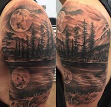 Black And White Space Tattoo Half Sleeve 32 Stunning Scenic Tattoo Designs Scenery Tattoo Scenic Tattoo Half Sleeve Tattoos For Guys