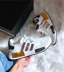 Adidas Nmd R1 Black And Gold Adidas Nmd R1 White Black Gold Metallic Customized With Swarovski Crystals In 2020 Adidas Girls Shoes Adidas Nmd R1 White Adidas Superstar Women