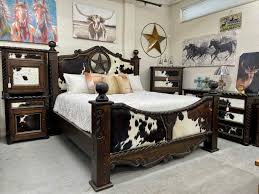 5 Piece Bedroom Set w Cowhide and Carvings - King Size Bed Frame