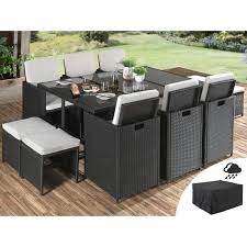sophia salon de jardin encastrable 10 places en resine tressee noir avec coussins beiges housse de protection couleur noir cdiscount jardin