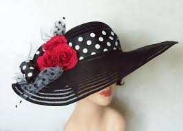Black And White Hat Black Hat Black And White Hat Polka Dots And Red Roses Black And White Hats Kentucky Derby Outfit Fancy Hats
