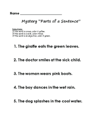 Write n in the line. Mystery Sentences Nouns Verbs Adjectives Pronouns Tpt