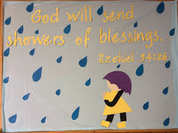 Spring April Bulletin Board God Will Send Showers Of Blessings Ezekiel 34 26 Christian Bulletin Boards Church Bulletin Boards Bee Classroom