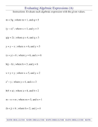 evaluating algebraic expressions a