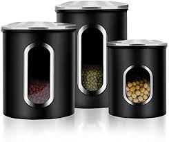 For dry baking ingredients, a set with a chalkboard decal reveals what's inside, from white or brown sugar to cornmeal and flour. Amazon Com Canisters Set 3 Piece Window Kitchen Canister With Fingerprint Resistance Lids Black Kitchen Dining