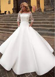 Magbridal Modest Satin Off The Shoulder Neckline Dropped Waistline A Line Wedding Drop Waist Wedding Dress Klienfeld Wedding Dresses Wedding Dress With Pockets