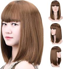 SYXLCYGG Bob Wig,Brown Short Wigs Flame Retardant 14" Straight Silky Fluffy  Womens Hair Wigs Synthetic Black Wig With Bangs Girl Cosplay Colorful Party  Blonde Women Daily Much Colors (Free Wig Cap): Buy