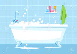 Blue Bathroom Semi Flat Vector Illustration. Bath Tub With Bubbles. Bathtub  With Soap Foam For Daily Hygiene. Boyish Household Lavatory Interior 2D  Cartoon Background For Commercial Use Royalty Free SVG, Cliparts, Vectors,