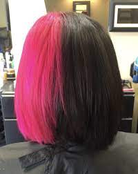 Two Tone Half And Half Black And Pink Hair Half Colored Hair Hair Color For Black Hair Split Dyed Hair