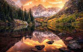 Download Wallpapers Mountain Landscape Autumn Yellow Trees Mountain Lake Canada Mountains Besthqwallpapers Com Mountain Landscape Scenery Pictures Landscape