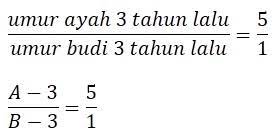 We did not find results for: Perbandingan Umur Ayah Dan Budi 3 Tahun Lalu 5 1 Jika Jumlah Umur Mereka Sekarang 42 Berapa Umur Ayah Dan Budi Sekarang Solusi Matematika