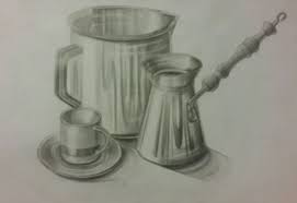 Artistik Plastik Masrapa Kromaj Cezve Ile Seramik Fincan Ve Tabagindan Olusan Kompozisyon Seramik Drawing Cizimler