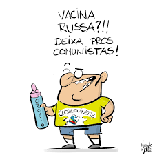 Desenhos do Nando - Rússia anuncia vacina contra COVID19! Charge em fundo branco. Um homem de pele clara usa sapatos cinzas, meias brancas na altura das canelas, bermuda azul e camiseta amarela