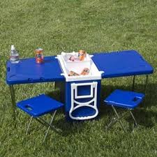 Rolling Cooler Table 2 Chairs Blue Picnic Camping Beach Park Outdoor Portable Picnic Table Cooler Cool Tables Camping Table