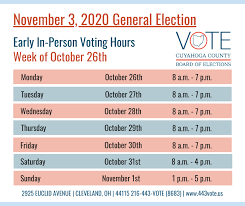 18 hours ago · please call the board of elections to verify the status of your ballot at 216.443.vote (8683). Early Voting Open Until 7 P M This Week In Ohio