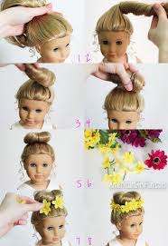 Doll Hairstyle Bun With Flower Crown American Girl Hairstyles American Girl Doll Hairstyles American Girl Doll Diy