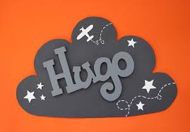 Prenom Hugo Sur Son Nuage 100 Bois Coloris Gris Et Blanc Creation Pepee Le Loup Decoration Pour Porte De Chambre Lettre En Bois Prenom Prenom Hugo