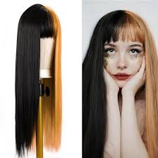 Dividir Wholsale Peruca colorida meio sintético METADE PRETA Rosa Tom Dois  Peruca Metade Preto e Vermelho Peruca 26 polegadas de comprimento Perucas