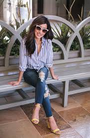 Black And White Striped Heels Outfit Casual Outfit Jeans Striped Button Down Shirt Yellow Sandals Outfits With Striped Shirts Spring Outfits Casual Jeans Outfit Casual