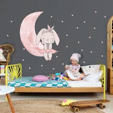 Kids Watercolor Cute Rabbit And Pink Moon With Little Stars Wall Decal Sticker Star Wall Decals Kids Wall Decals Moon Wall Decal