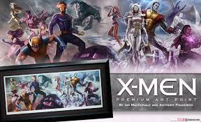 From left to right the characters are iceman, archangel, storm, charles xavier, bishop and jean grey. X Men Blue And Gold Team Art Print Announcement Sideshow Collectibles