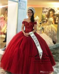 Red Sweet 16 Ball Gown Quinceanera Dresses 2020 Off Shoulder Vintage Lace Sequined Puffy Tulle Pl Purple Quinceanera Dresses Red Ball Gowns Quinceanera Dresses
