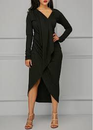 V Neck Asymmetric Hem Black Draped Dress On Sale Only Us 33 95 Now Buy Cheap V Neck Asymmetric Hem With Images Black Long Sleeve Dress Casual Dresses Shop Casual Dresses
