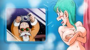 yamamoto doujin, bulma, muten roushi, dragon ball, dragon ball (classic),  highres, 1boy, 1girl, age difference, angry, arms up, beard, blue eyes,  blue hair, blush, breasts, collarbone, covering breasts, covering privates,  embarrassed, facial