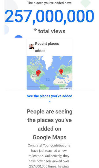 I Wanted to share a new milestone as a local guide.. These are the views I have, from the places I have added to Google maps 🗺️