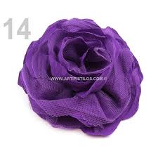 Broche de flamenca con flores de tela violeta con reflejo dorado. Broche Flor Tela Y Tul 14 Cms Artipistilos Com