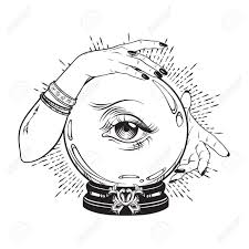 Hand Drawn Magic Crystal Ball With Eye Of Providence In Hands Of Fortune Teller Boho Chic Line Art Tat Produccion Artistica Bola De Cristal Tatuaje De Acuario