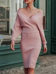 Sollinarry Women S 2 Piece Knit Sweater Dress V Neck Batwing Sleeve Crop Top Bodycon Midi Skirt Affiliate Dresses Fashion Elegant Dresses