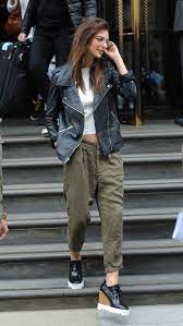 Best Looks Emily Ratajkowski Leather Jacket Style Fashion Green Cargo Pants