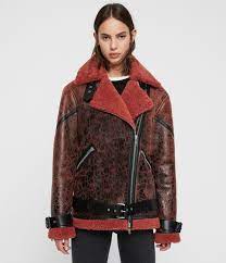 Allsaints Us Womens Hawley Shearling Biker Jacket Raspberry Pink Biker Jacket Jackets Discount Clothing